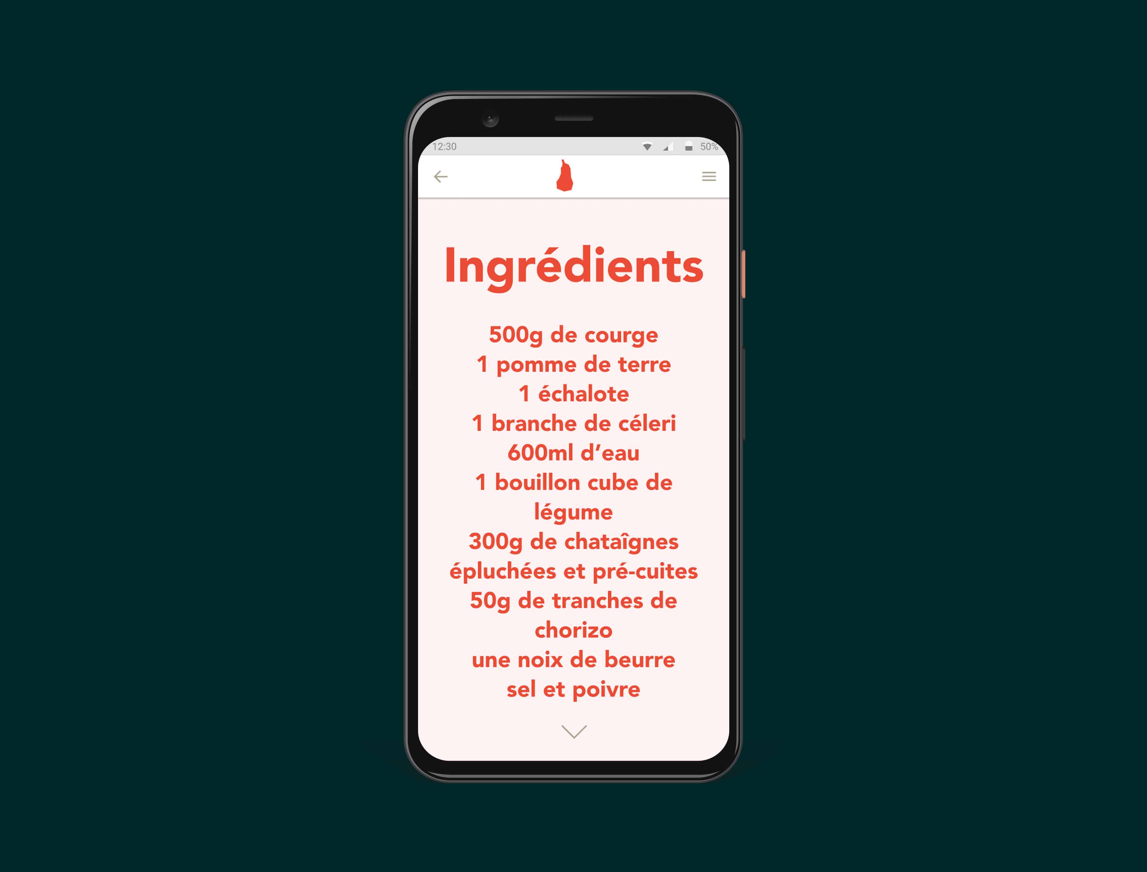 Interface de l'application, page recette